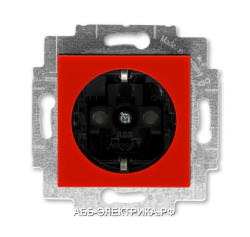 Розетка 1-ая электрическая , с заземлением и защитными шторками (безвинтовой зажим), цвет Красный/Ды